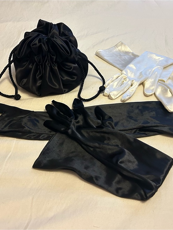 Accessories - Black Satin Evening Drawstring Pouch W/ Two Elegant Evening Gloves